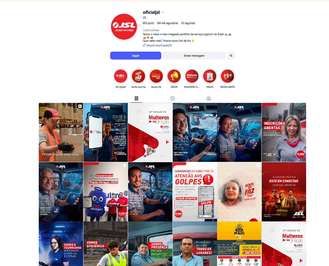 Instagram da JSL com grade institucional, pessoas e campanhas