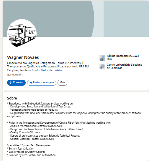 Captura do LinkedIn do Wagner, ativo social real ligado à G.E.W.T.